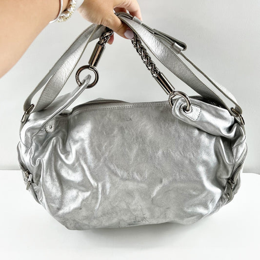 Furla Shoulder Bag Purse Metallic Silver