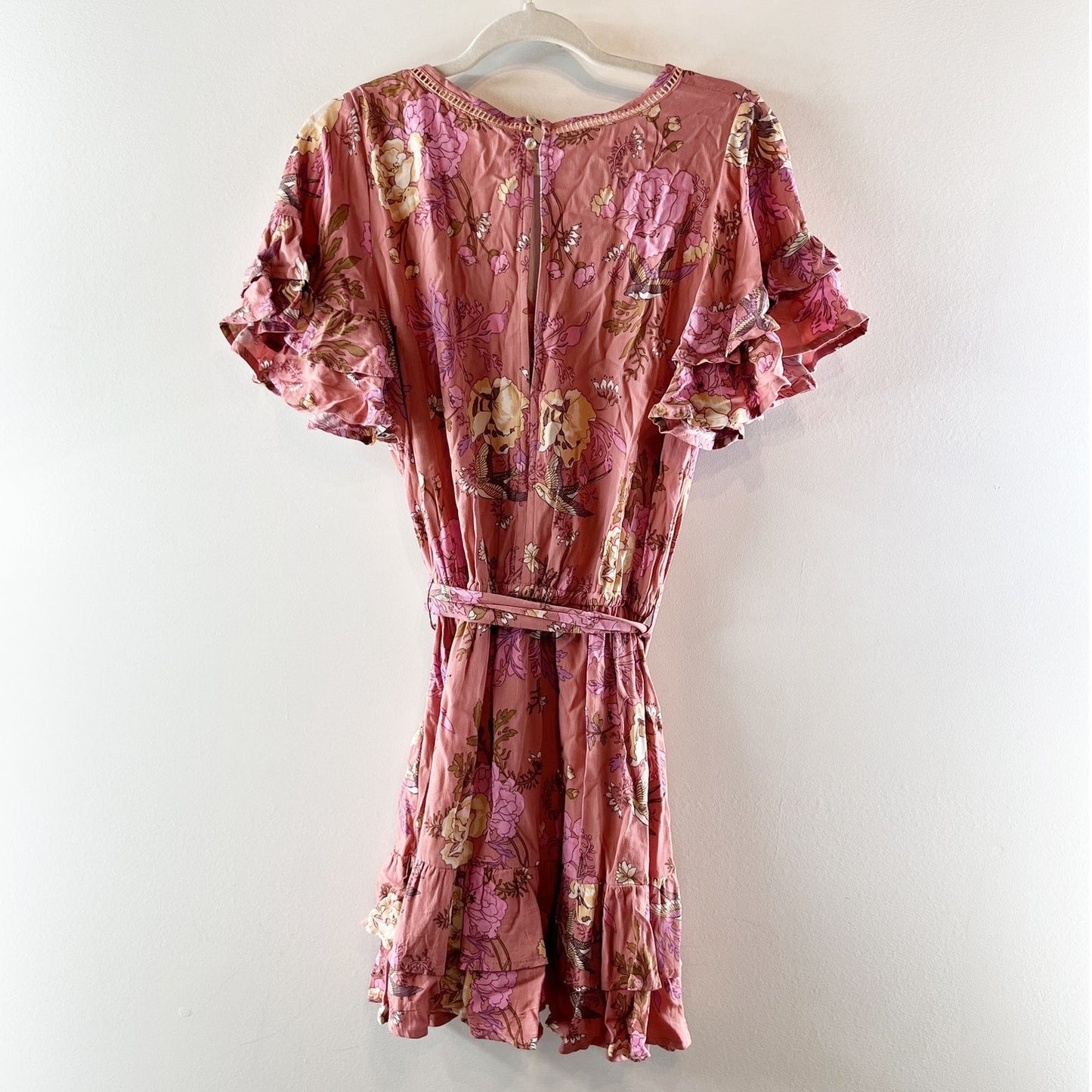 Spell and The Gypsy Rosa Play Short Sleeve Floral Belted Mini Dress Blush Pink S
