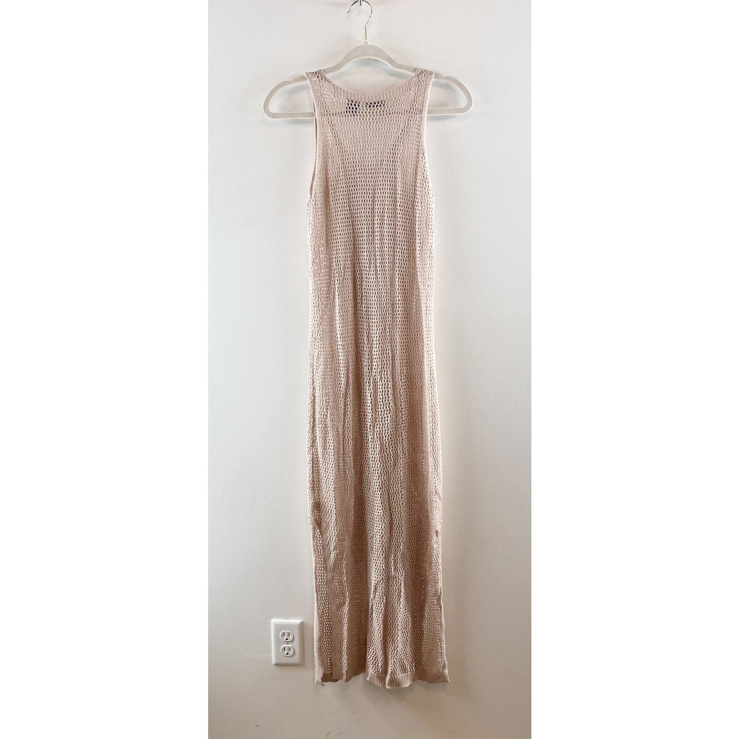 Tahari Sleeveless V Neck Maxi Crochet Knit Swim Cover Up Dress Tan Beige Small