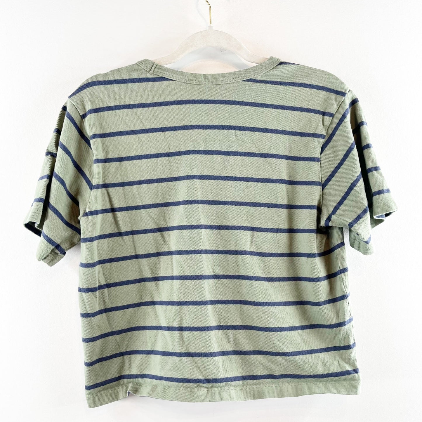 AYR Striped 100% Cotton Short Sleeve Crew Neck Crop T-Shirt Olive Green Blue S