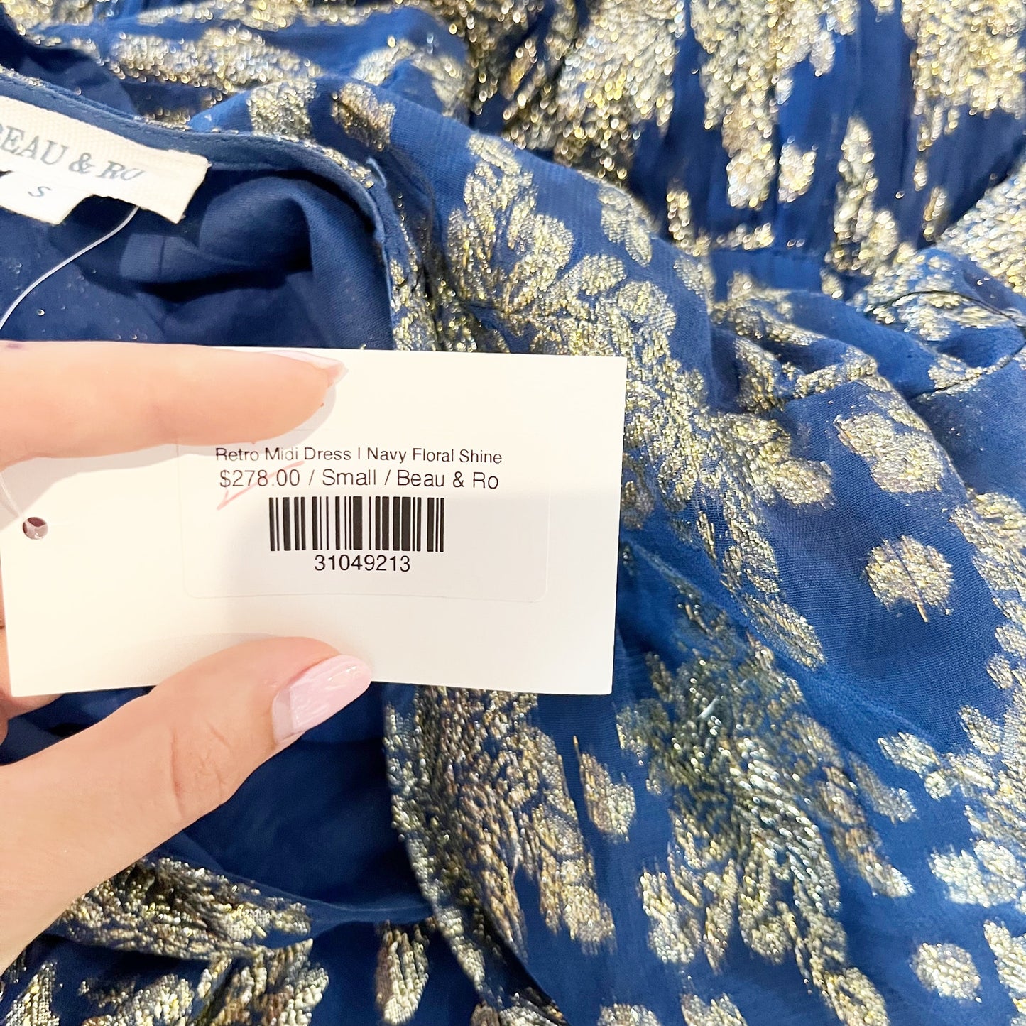 Beau & Ro Retro Belted Short Sleeve Midi Dress Navy Floral Shine Blue Gold Small