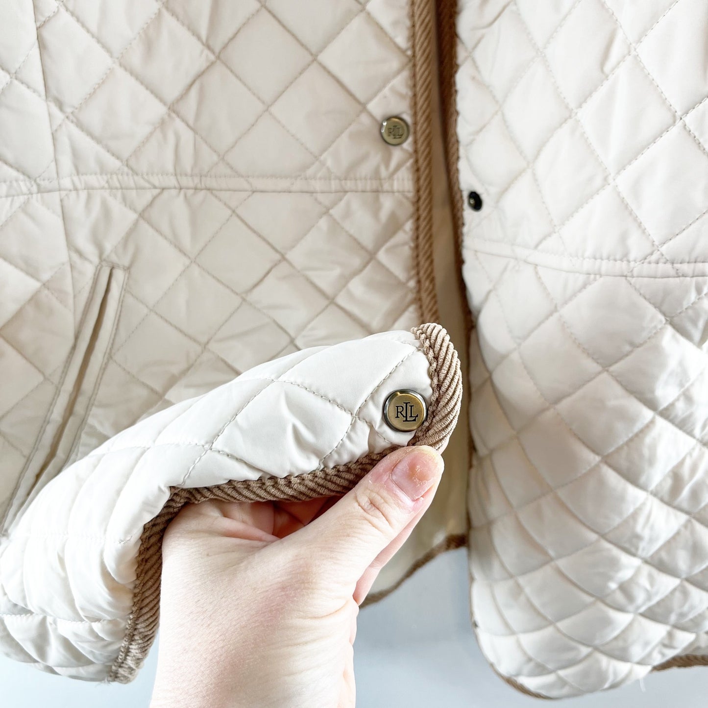 Ralph Lauren Quilted Snap Button Up Sherpa Collar Jacket Cream Large