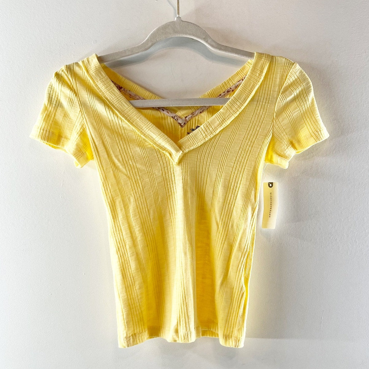 Pilcro Anthropologie Short Sleeve Ribbed V Neck Tee Shirt Top Yellow XXS