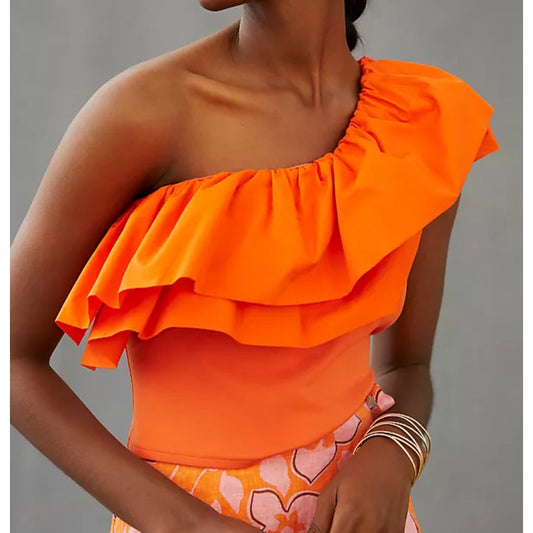 Sunday in Brooklyn Anthropologie One Shoulder Ruffle Crop Top Orange XS