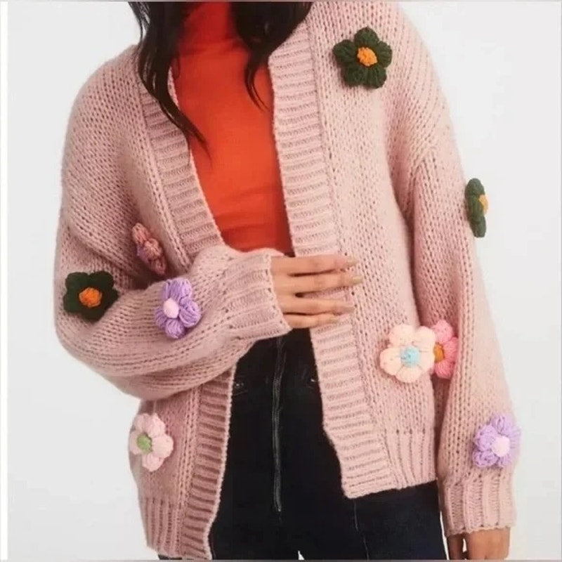 Maeve The Susannah 3D Flower Open Knit Chunky Cardigan Sweater Pink O/S