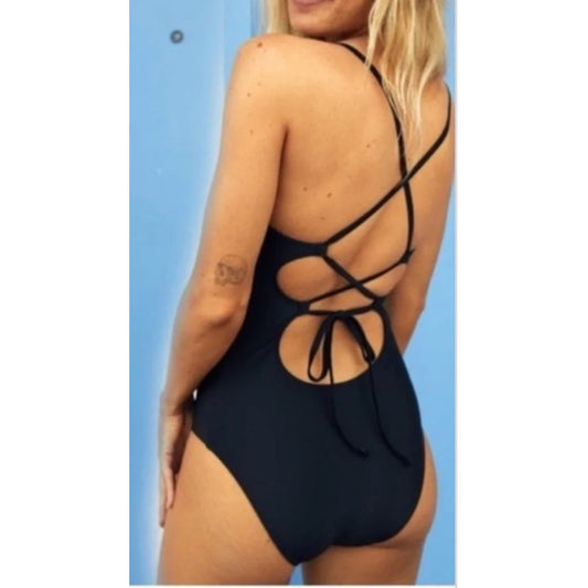 Aerie Strappy Back Scoopneck One Piece Swimsuit Navy Blue Medium