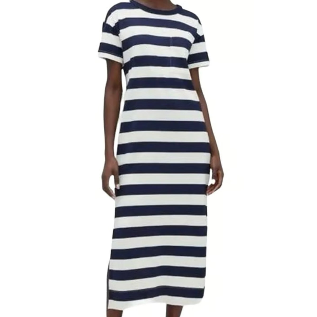 Lou & Grey Short Sleeve Striped Tee Shirt Maxi Dress Blue White Small