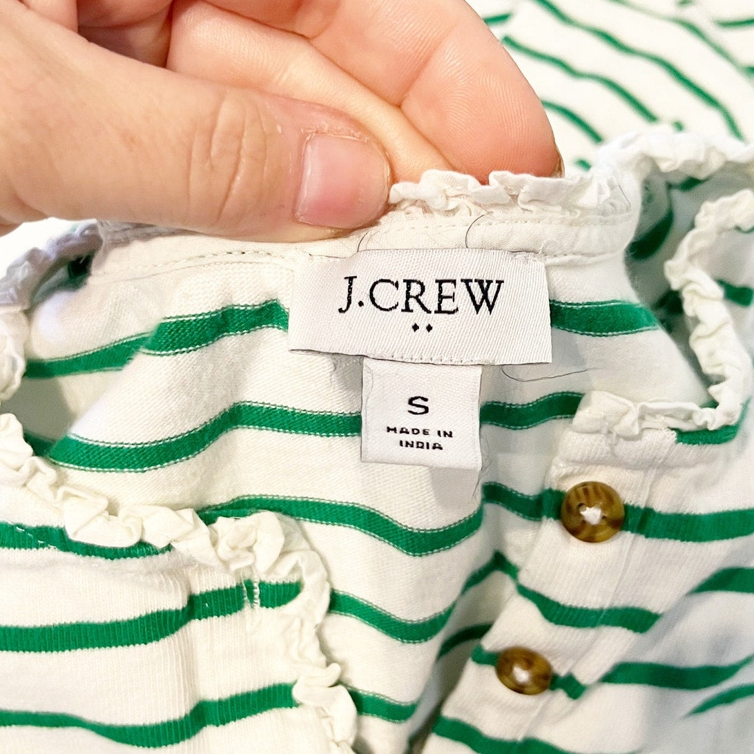 J. Crew Long Sleeve Striped Ruffleneck Henley Shirt Top Green White Small