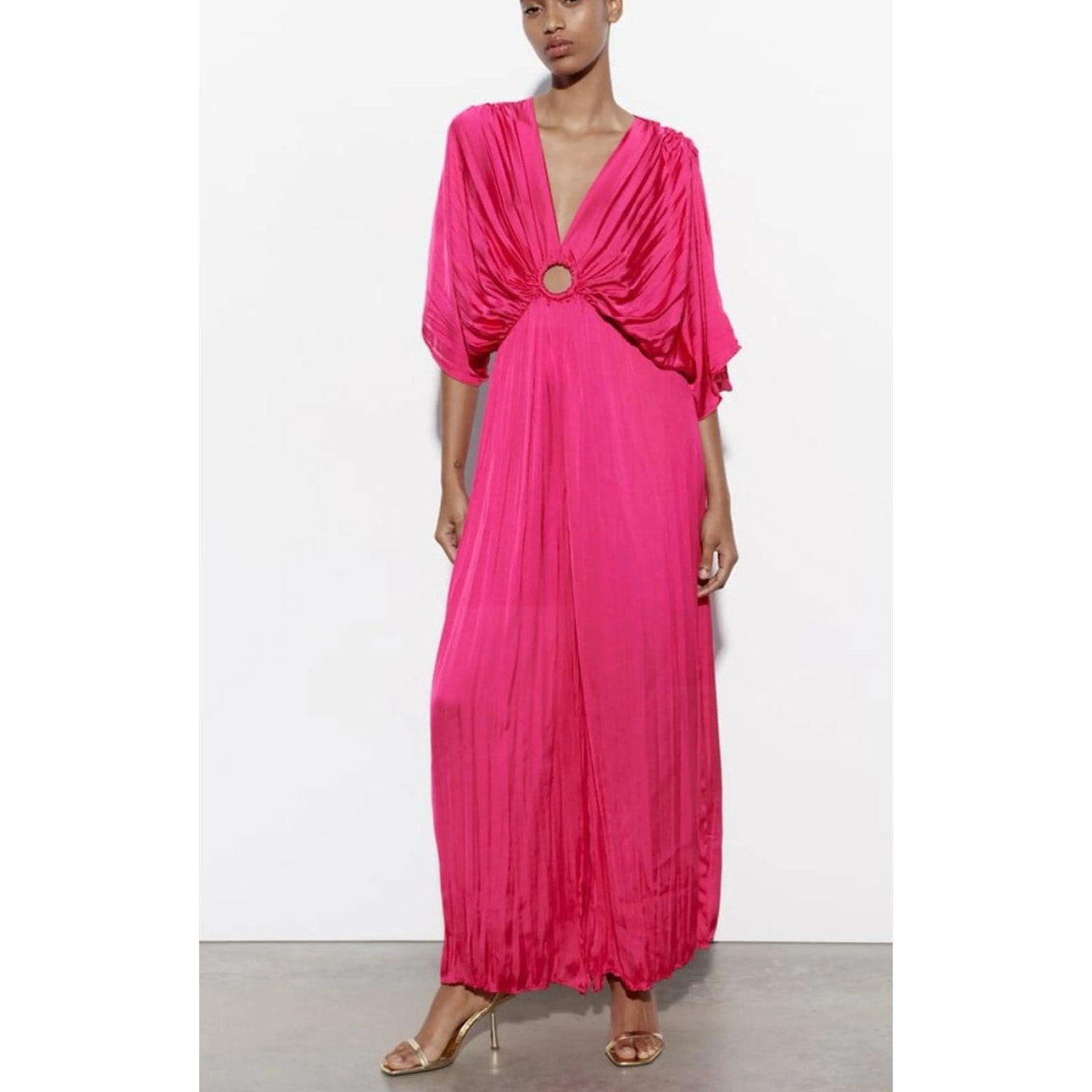 Zara Plunging V-Neck Pleated Wide Leg Buckle Jumpsuit Hot Pink Medium