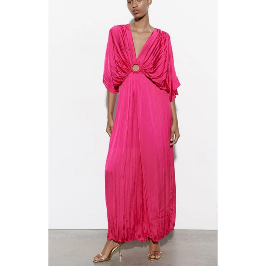 Zara Plunging V-Neck Pleated Wide Leg Buckle Jumpsuit Hot Pink Medium