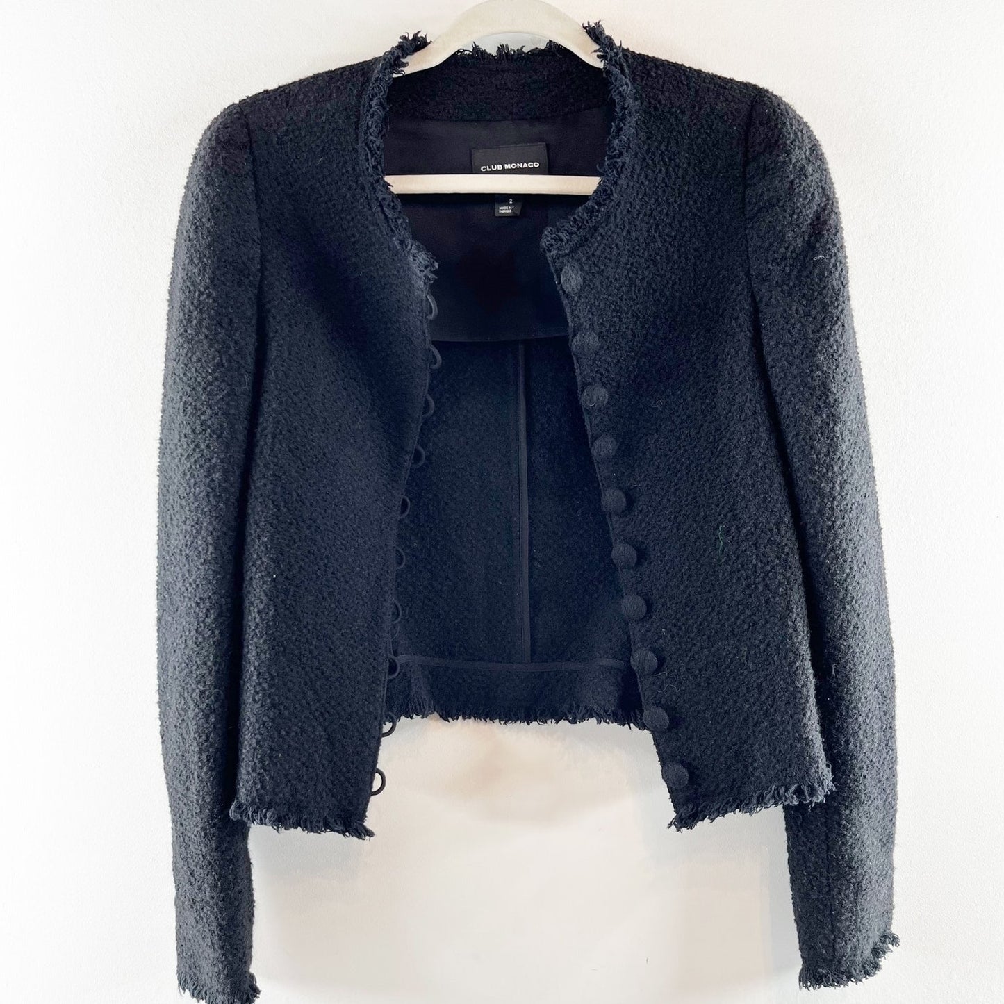 Club Monaco Long Sleeve Collarless Button Front Bouclé Blazer Black 2