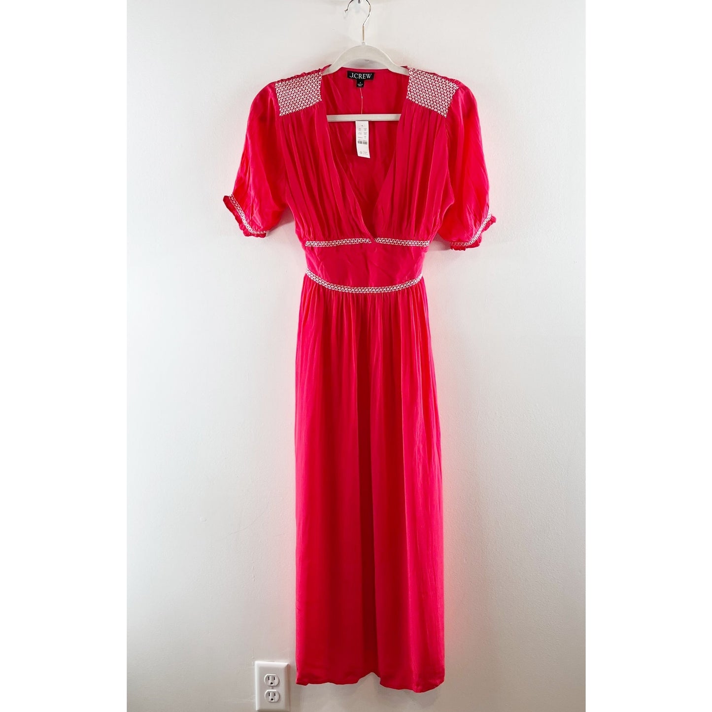 J. Crew Smocked-Trim Short Sleeve Midi Slip Dress in Crepe De Chine Red 6