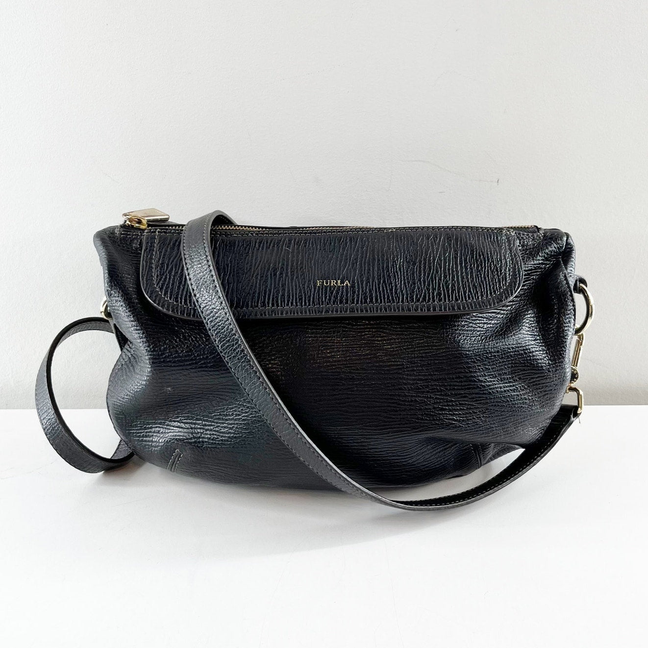 Furla Black Textured Genuine Leather Flapover Shoulder Bag