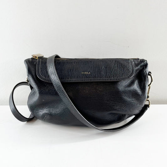 Furla Black Textured Genuine Leather Flapover Shoulder Bag