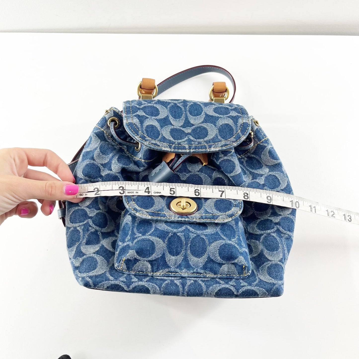 Coach Riya Signature Denim Backpack 21 Blue with Leather Top Handle