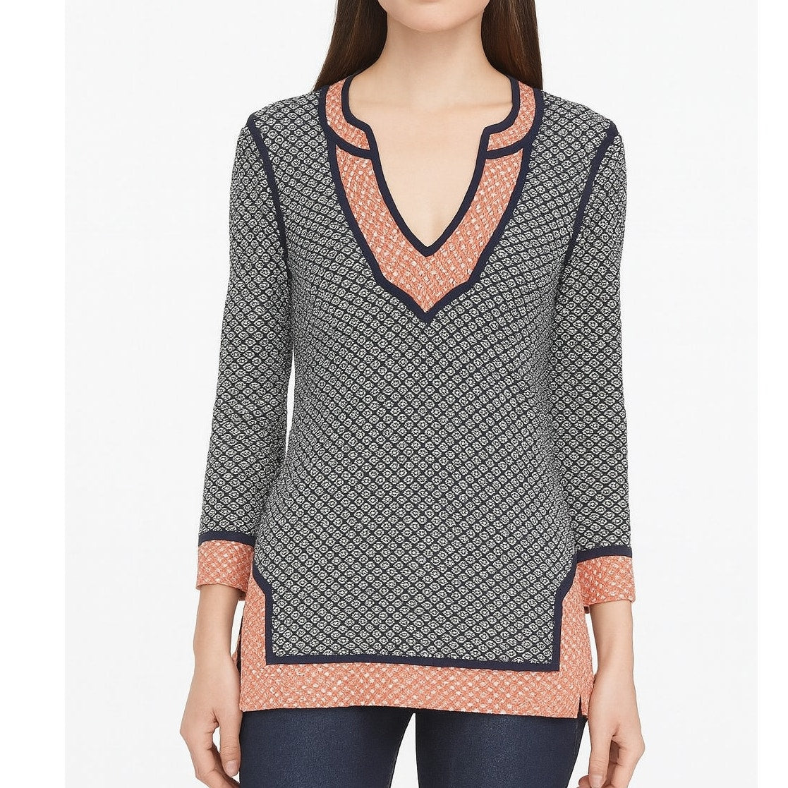 Tory Burch Colorblock Geometric Knit Tunic Sweater Top Blue Orange Small