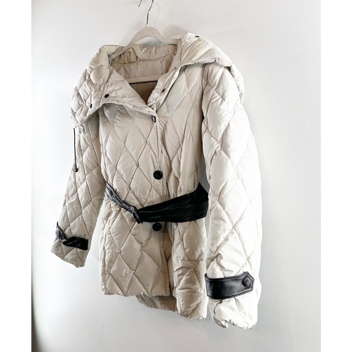 Max Mara Quilted Down Oversized Collar Belted Puffer Coat Jacket Cream 6