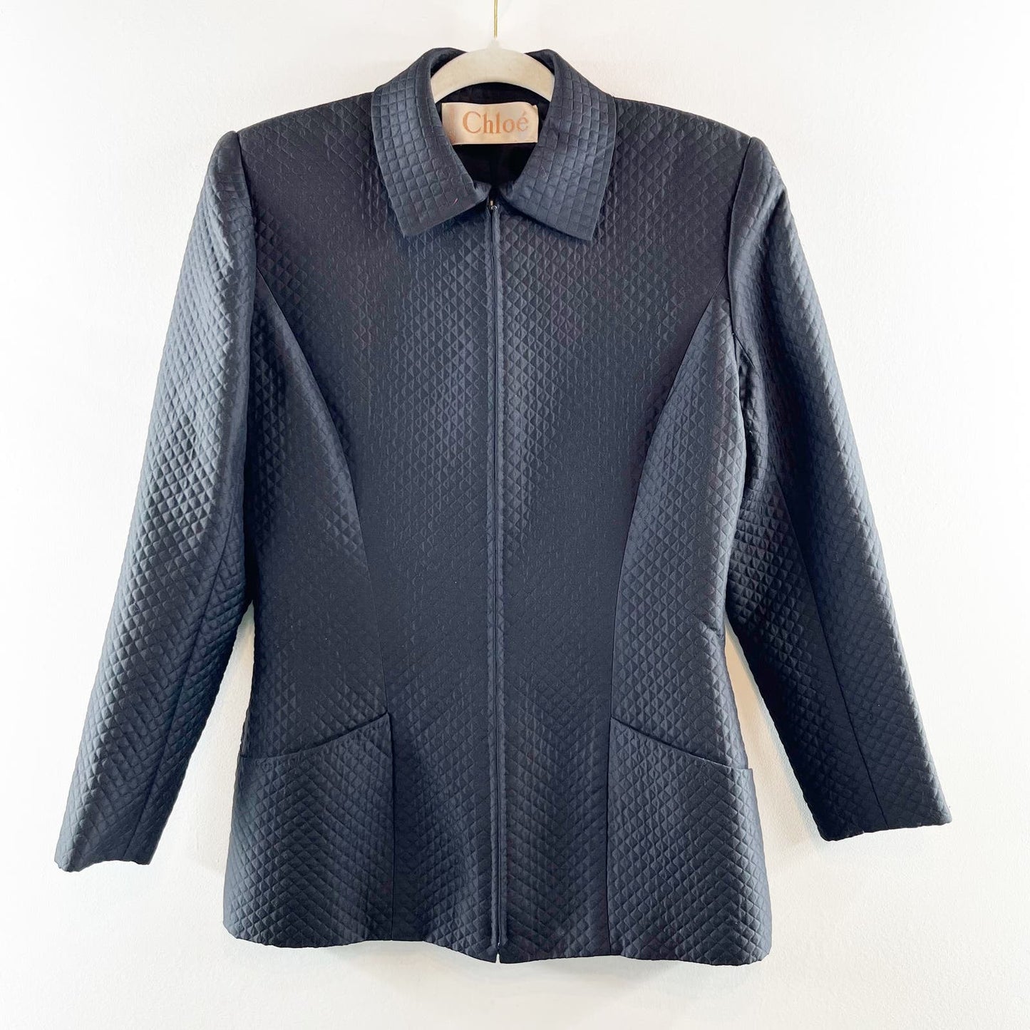Chloe Zip Up Quilted Blazer Jacket Coat Lined Black Small