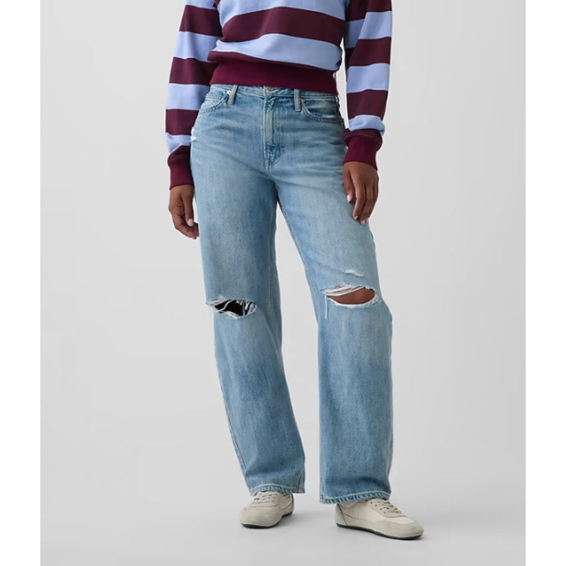 GAP High Rise Distressed Barrel Ankle Jeans Light Wash Blue 25