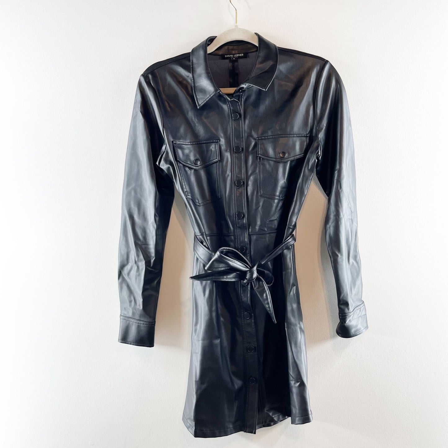 David Lerner Long Sleeve Belted Button Up Faux Leather Shirt Dress Black Small