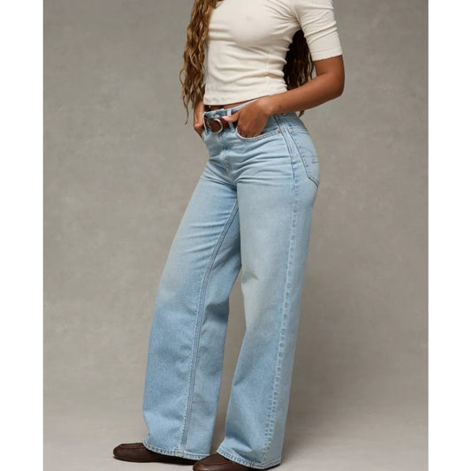 American Eagle Curvy Super High Rise Baggy Straight Jeans Blue 18 Short Petite