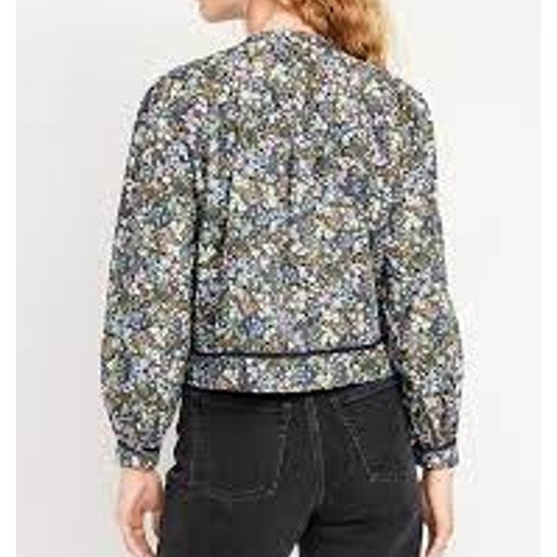 Old Navy Pintucked Cropped Boxy Long Sleeve Floral Blouse Shirt Blue Green 2X