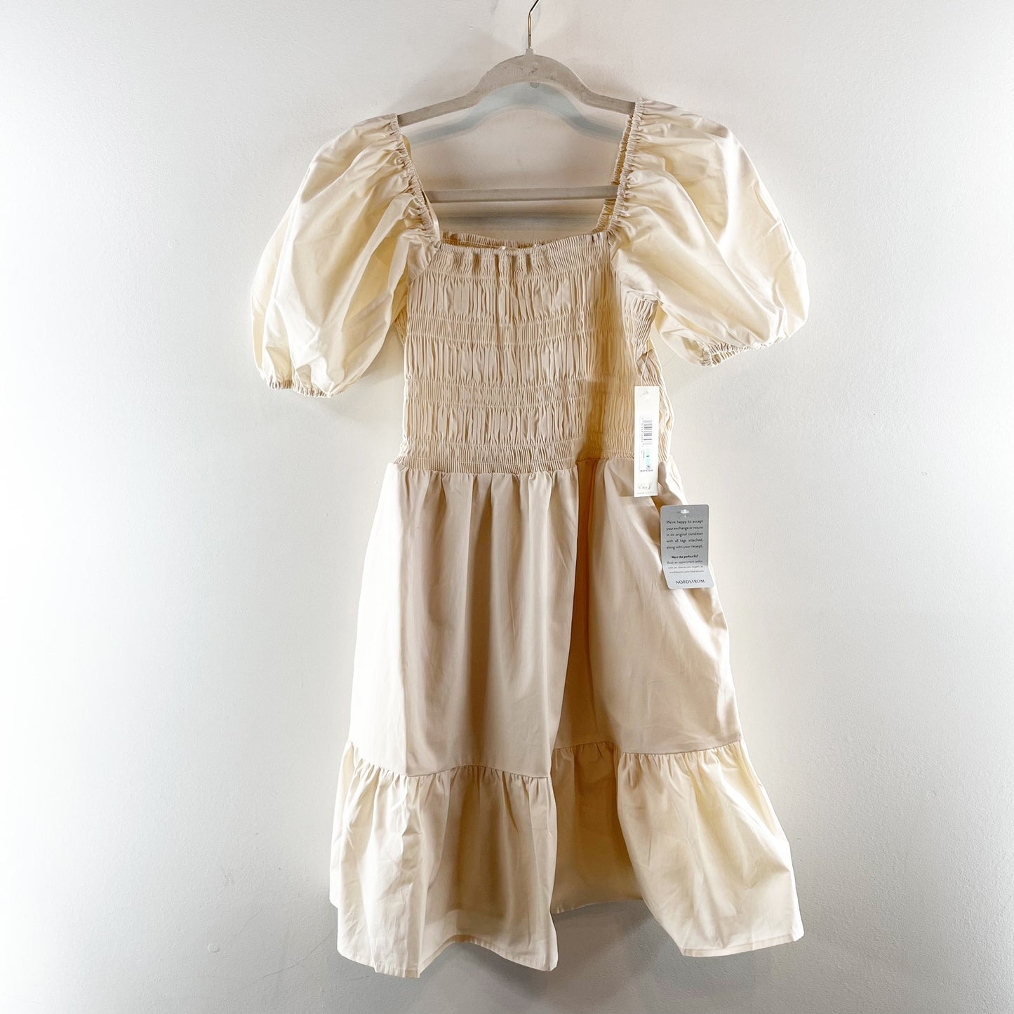 Eliza J Puff Short Sleeve Cotton Smocked Mini Dress Cream 8