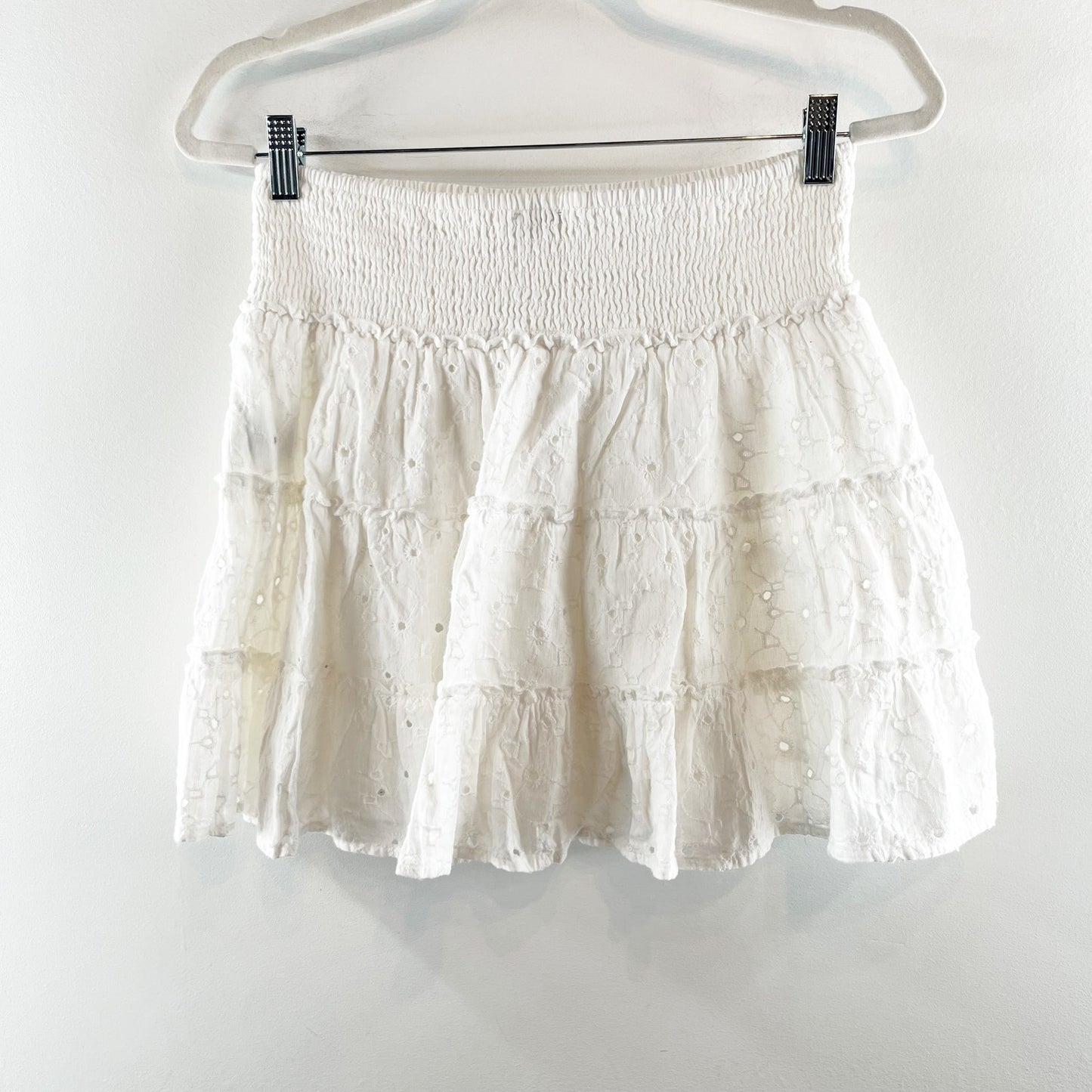 American Eagle Smocked Waist Eyelet Lace Tiered Mini Skirt White Medium