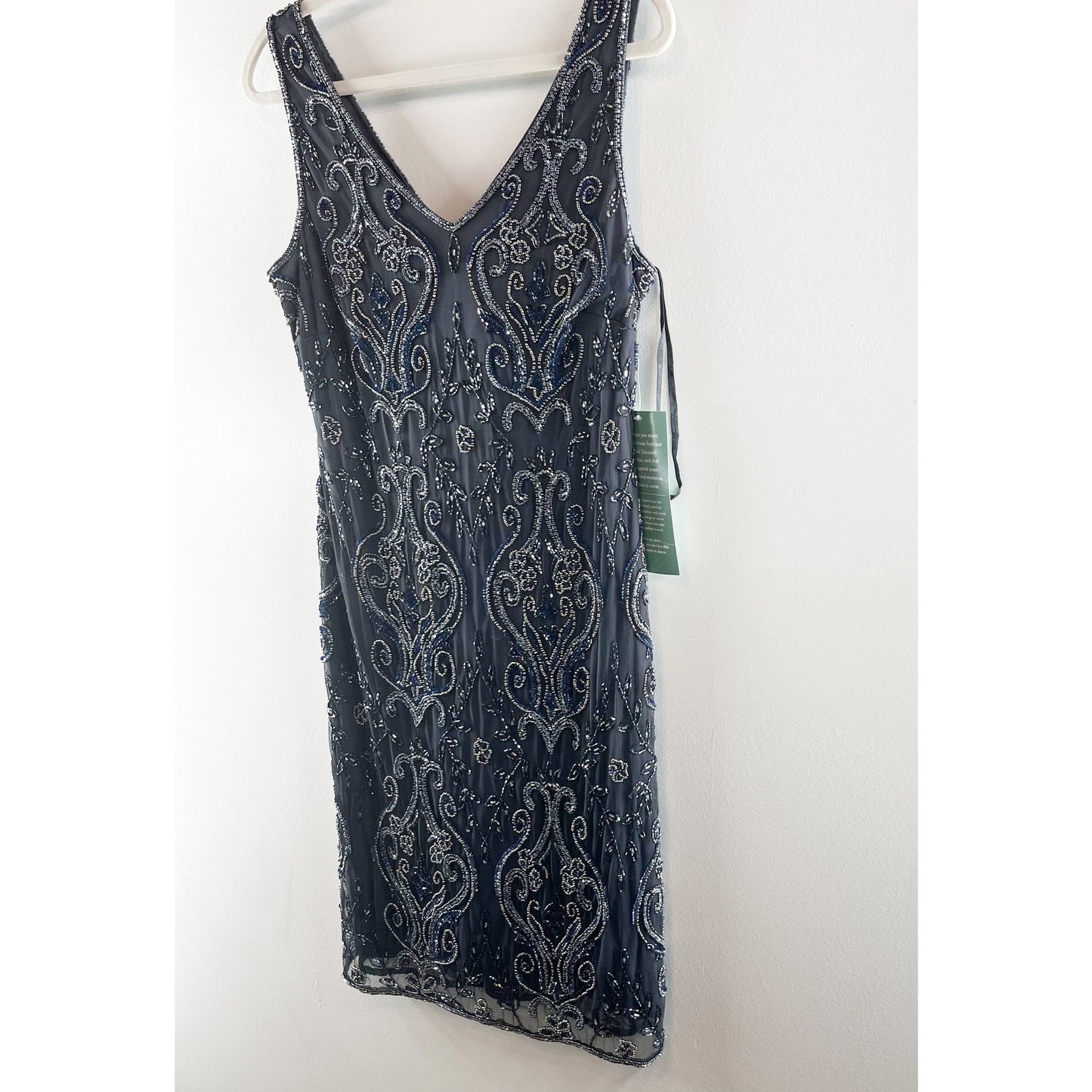 Prelude Retro Floral Beaded V-Neck Sleeveless Lined Shift Mini Dress Blue 12