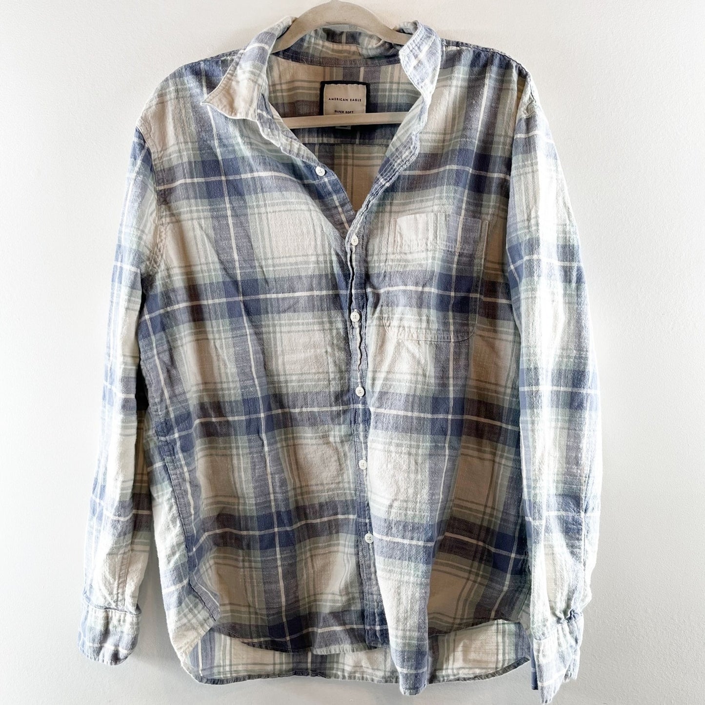 American Eagle Plaid Check Super Soft Button Up Flannel Shirt Blue White XL