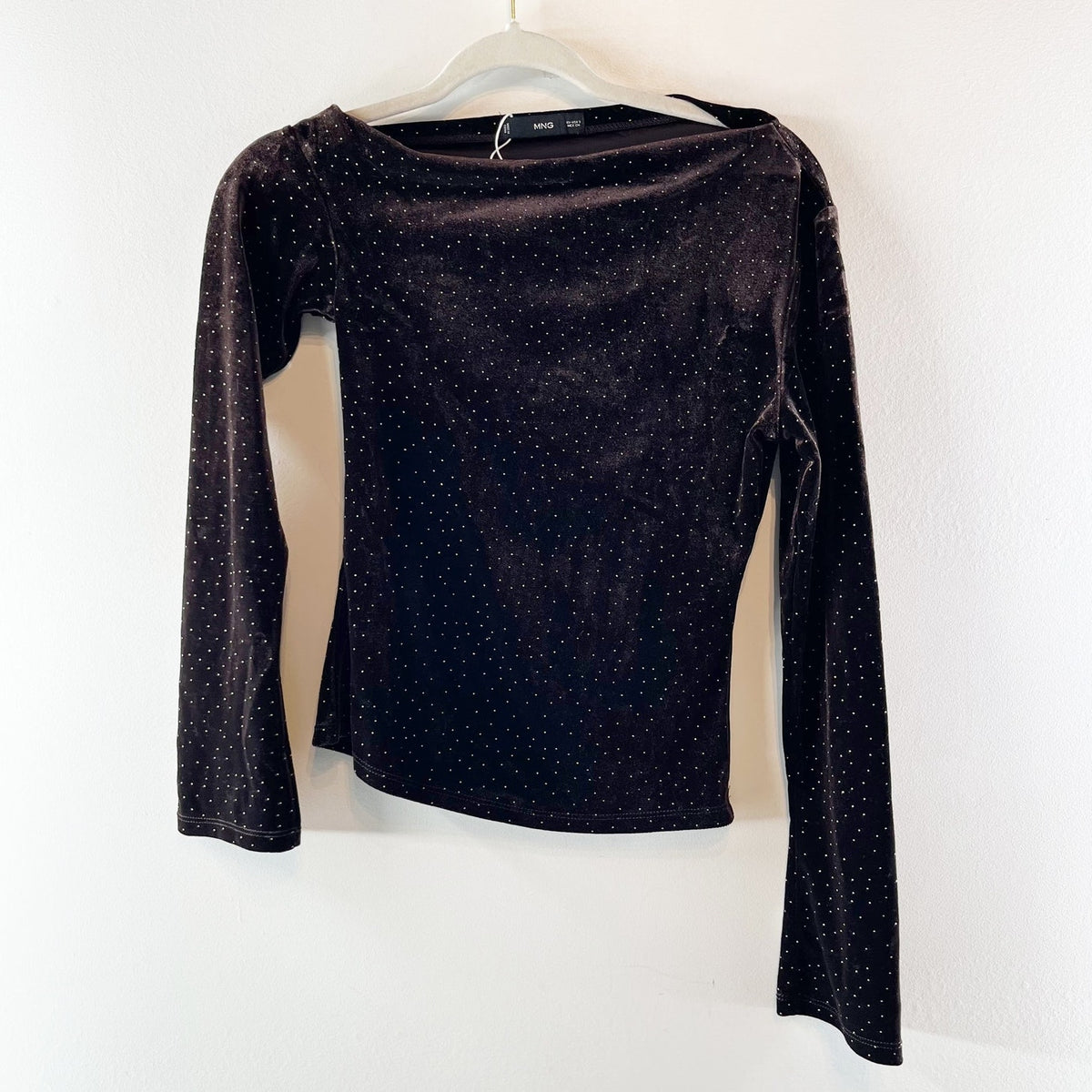 Mango Velvet Off One Shoulder Long Sleeve Embellished Top Brown Small