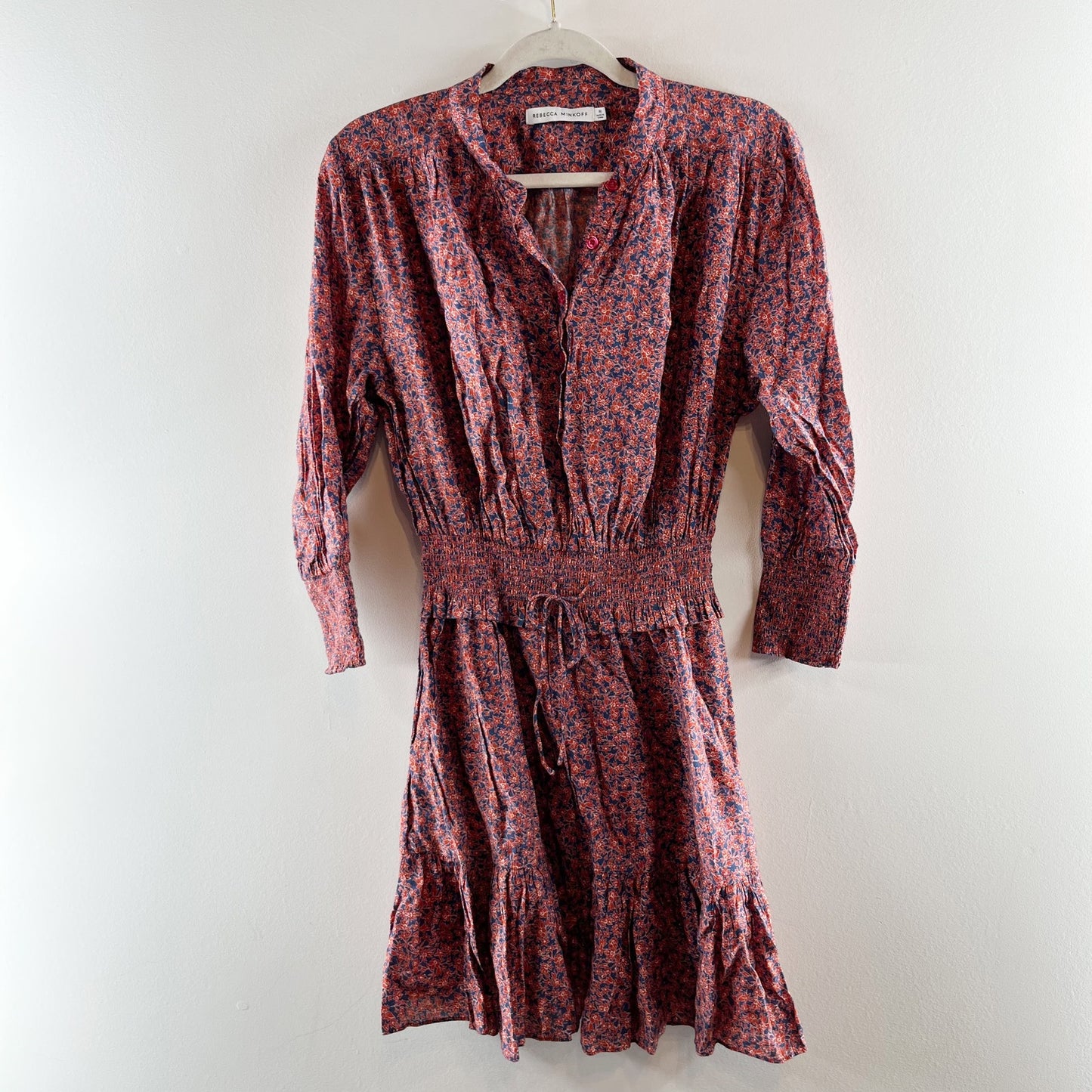 Rebecca Minkoff Chloe Floral 3/4 Sleeve Smocked Waist Mini Dress Maroon Medium