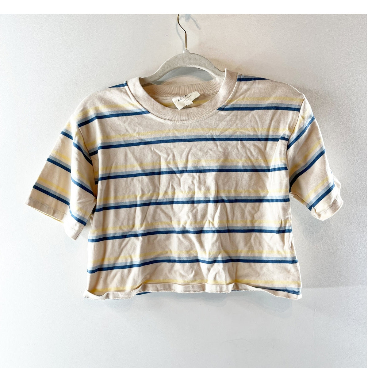 Sezane Short Sleeve Striped Cropped Boxy Tee Shirt Cream Blue XS