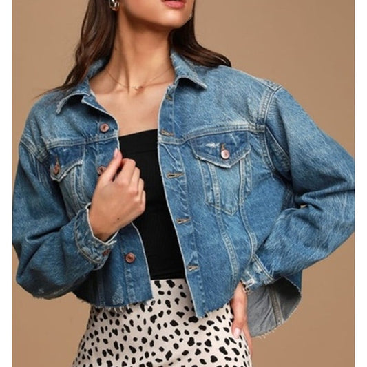 Free People Amelia Slouchy Raw Hem Trucker Jean Denim Jacket Blue Small