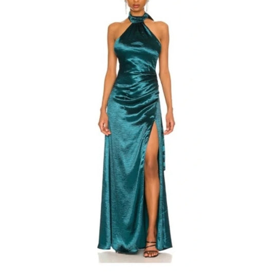 Lovers and Friends Kendall Satin Halter Open Back Sash Maxi Dress Gown Green S