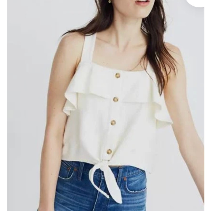Madewell Tie Front Button Up Ruffle Tank Top Ivory White XS