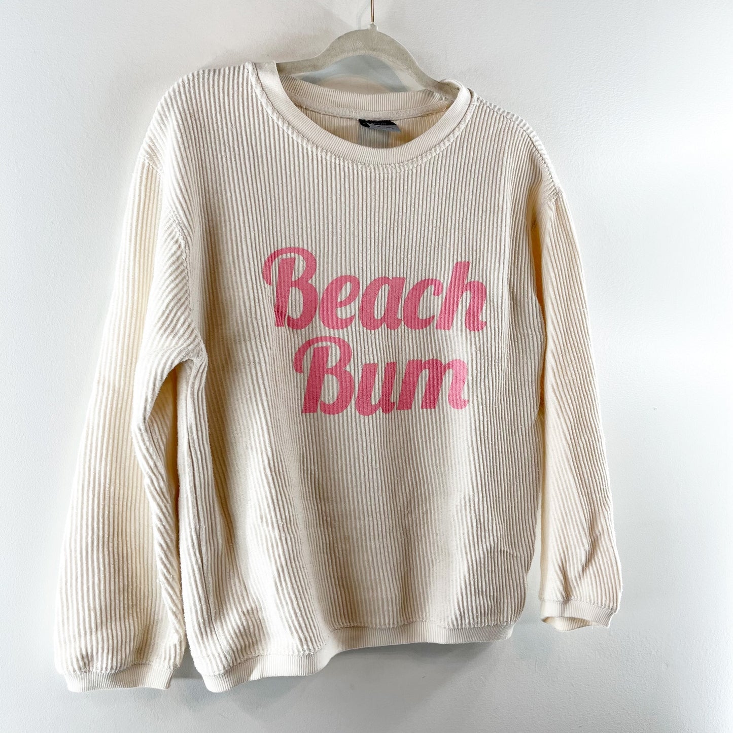 Beach Bum Corded Long Sleeve Crewneck Pullover Sweatshirt Cream Pink Small