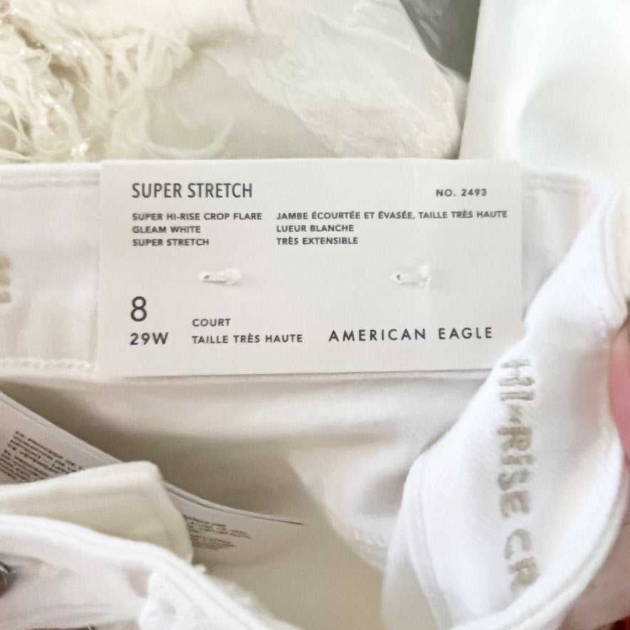 American Eagle Super Hi Rise Crop Flare Chewed Hem Jeans White 29 Short
