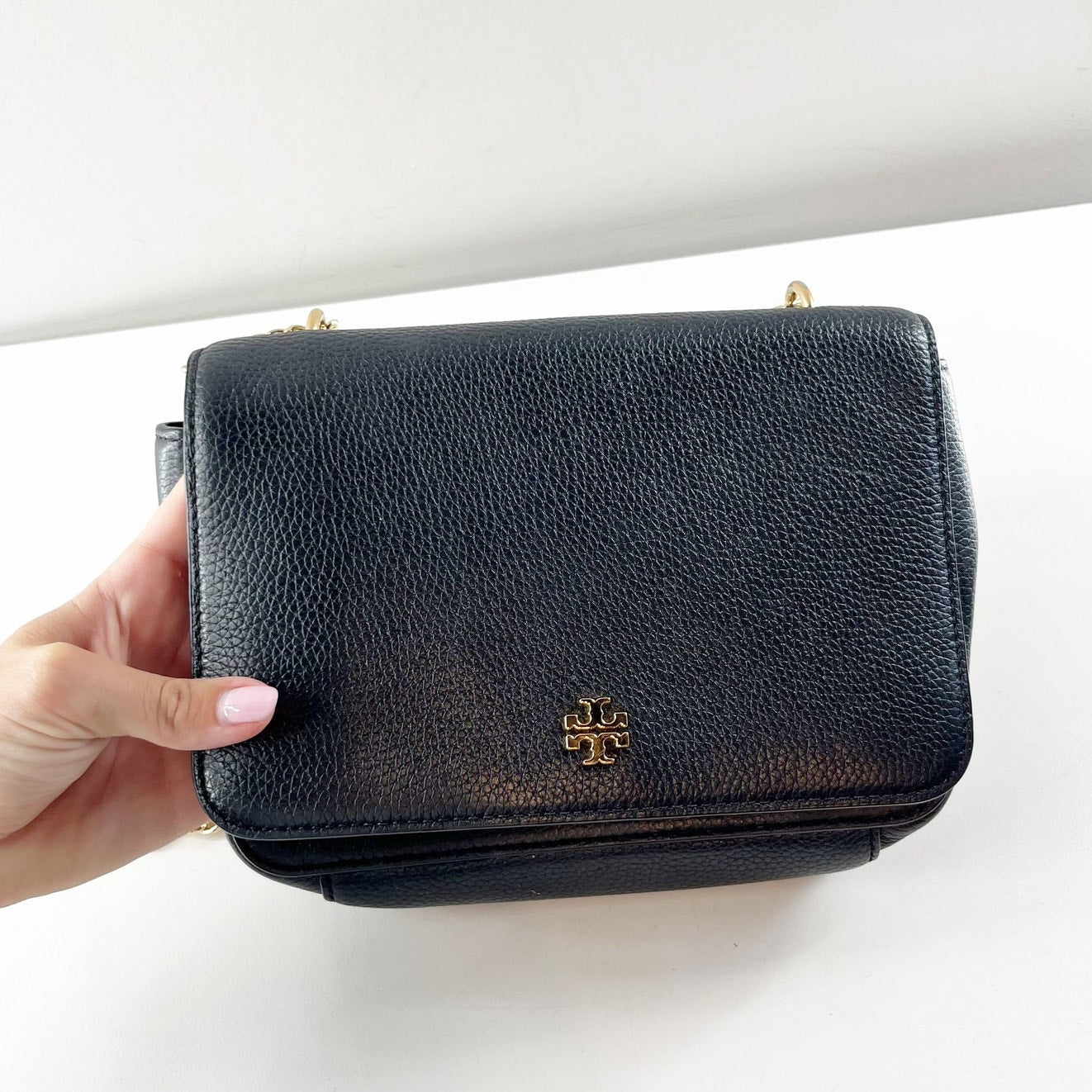 Tory Burch Carter Chain Crossbody Leather Shoulder Bag Purse Black Gold