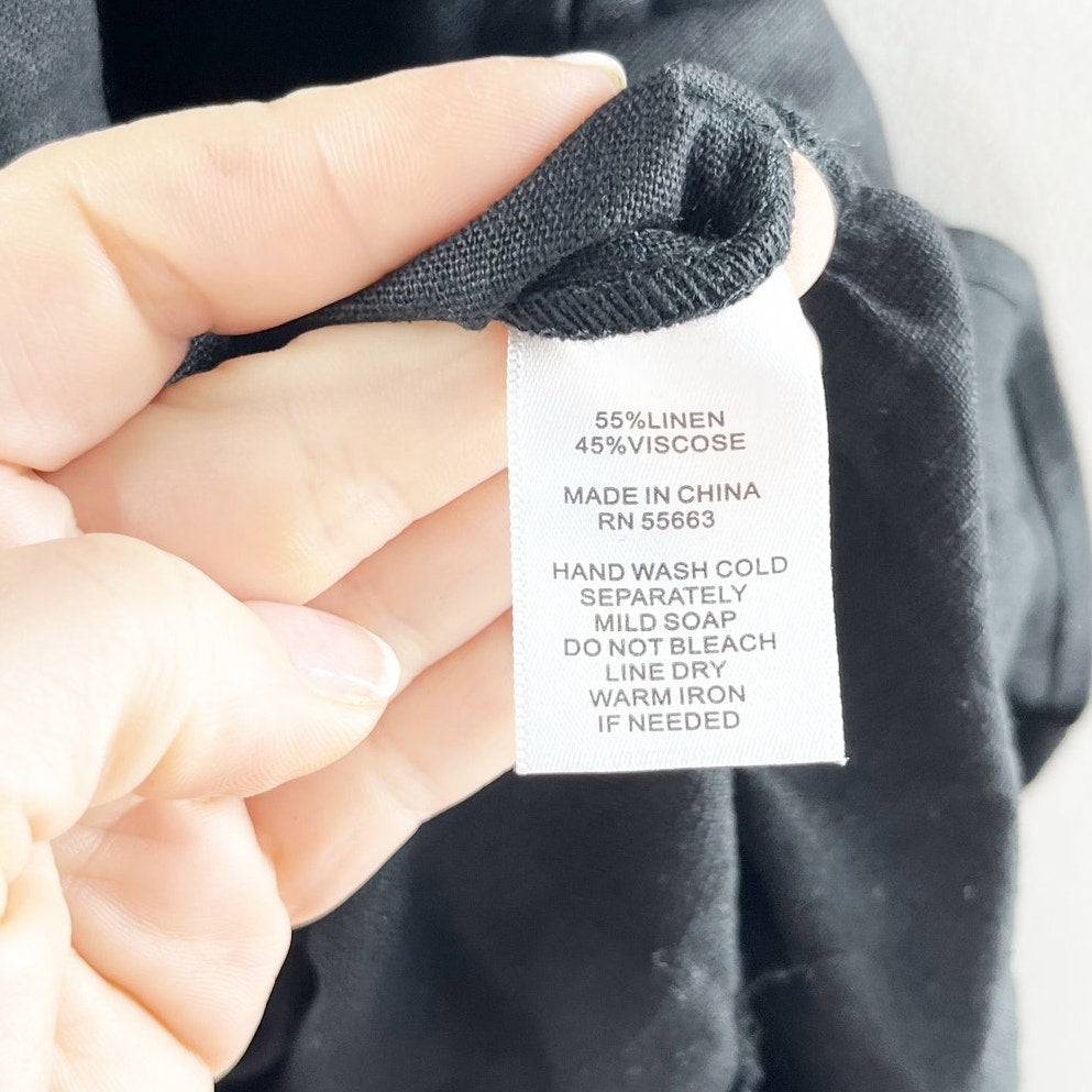 Cynthia Rowley Tiered Linen Blend Short Sleeve Midi Dress Black Small
