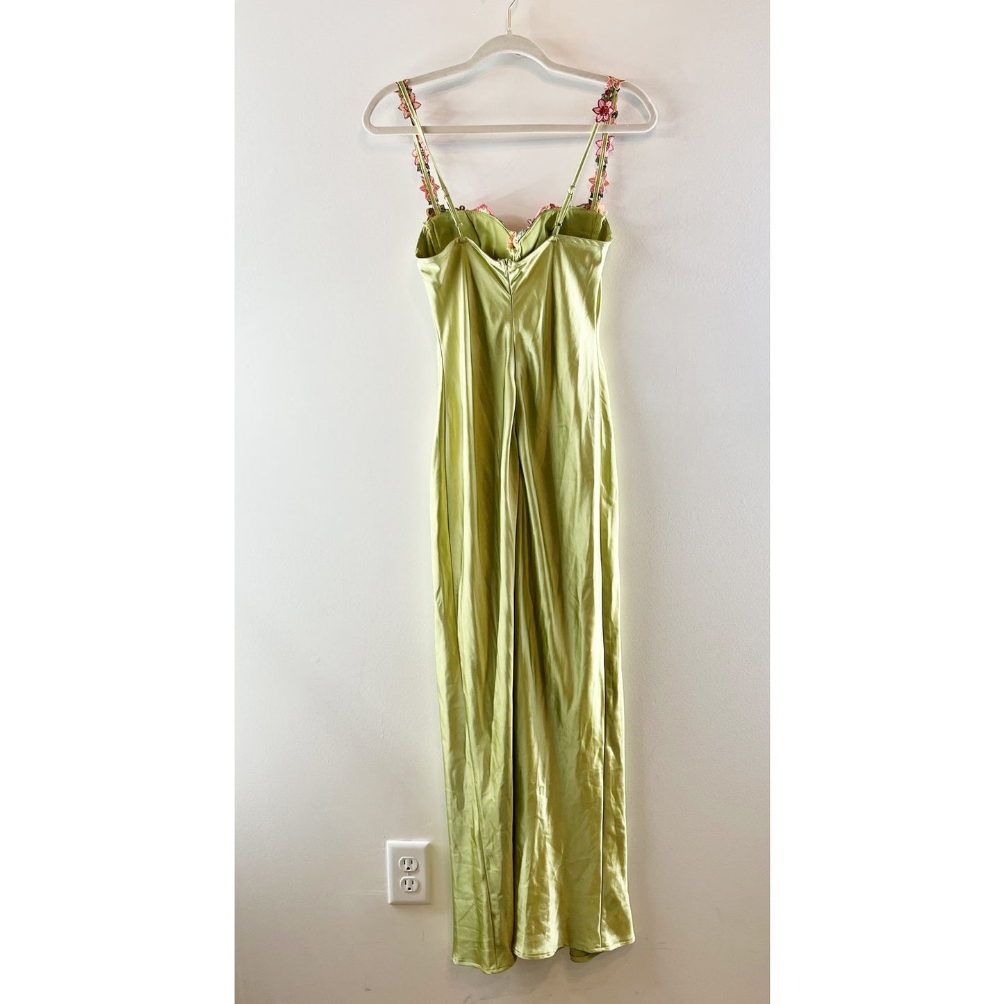 Bobbles & Lace Satin Sleeveless Maxi Slip Dress with Floral Applique Green Small