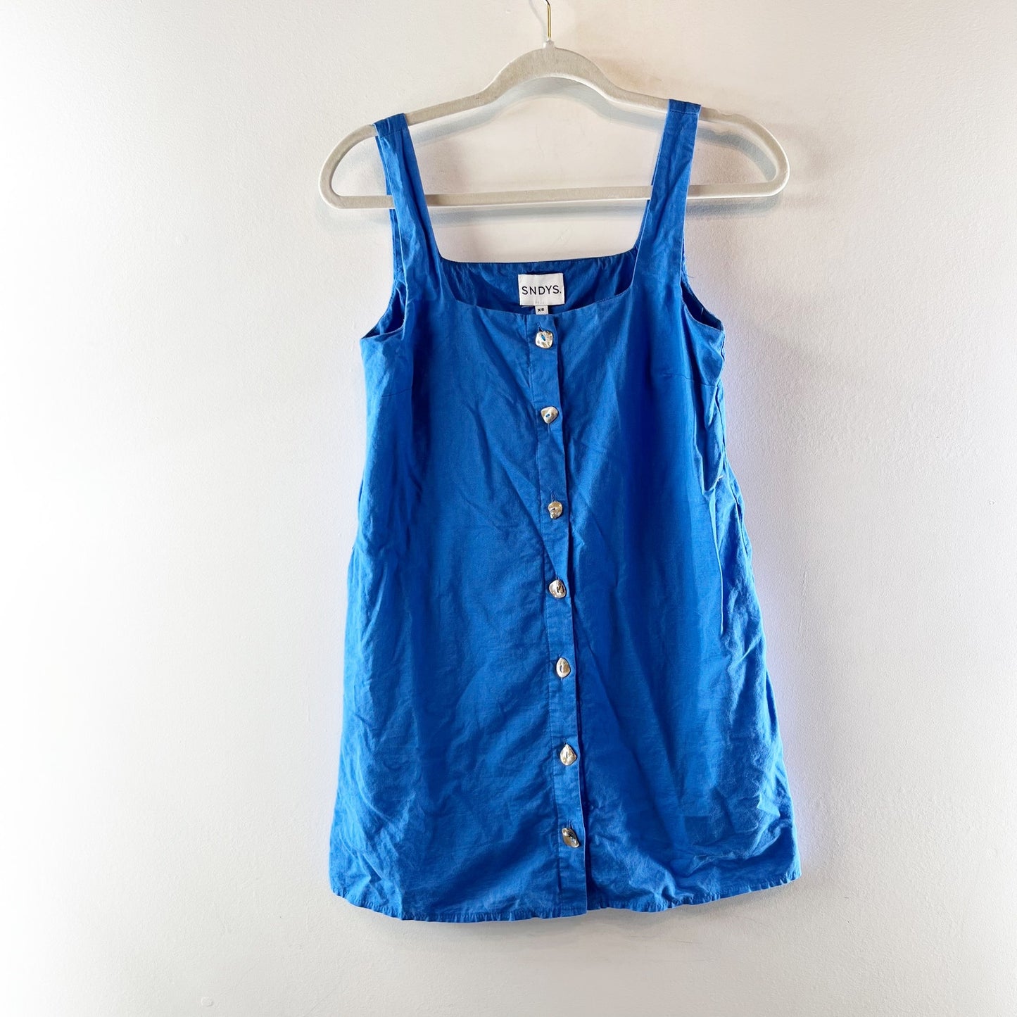 SNDYS Shelley Button Up Square Neck Mini Dress Blue XS