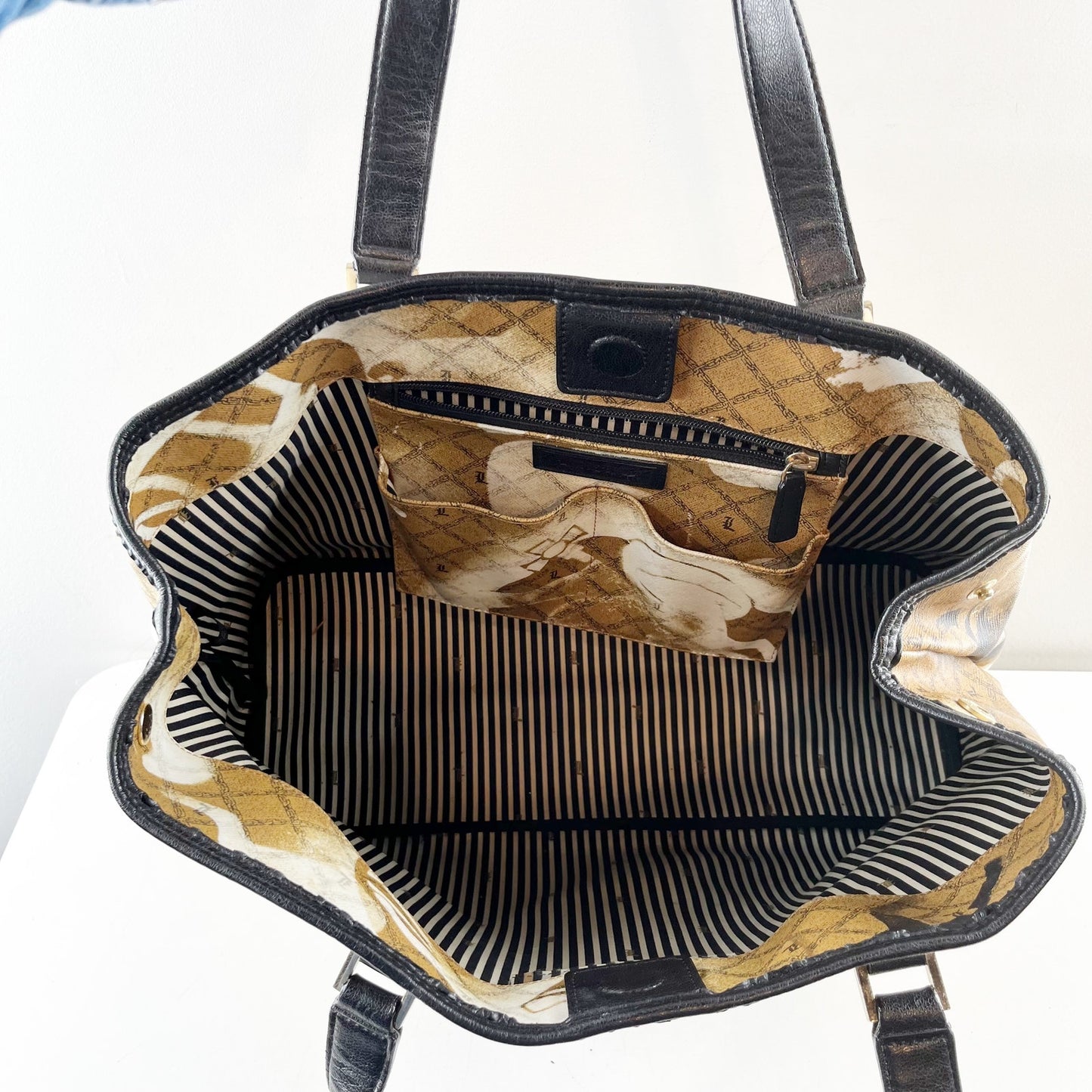 L.A.M.B by Gwen Stefani Stencil Pattern Tote Bag Purse Gold Black