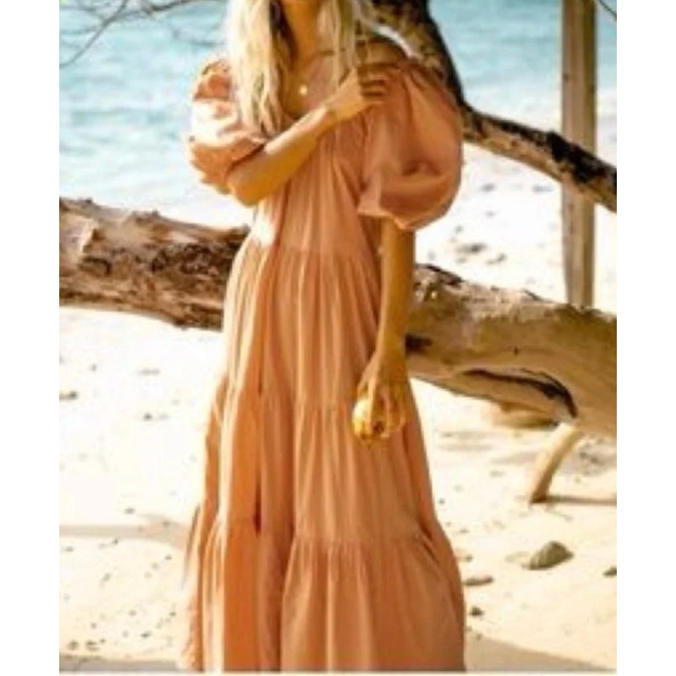 Billabong Endless Shore Puff Short Sleeve Tiered Maxi Dress Orange Peach Small