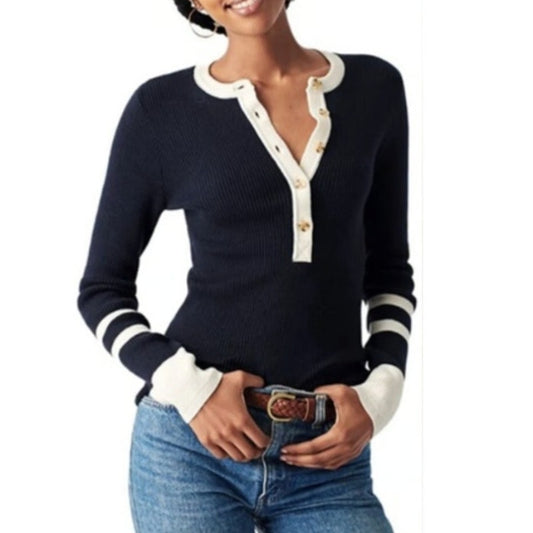 Faherty Mikki Colorblock Long Sleeve Henley Sweater Navy Blue White XS