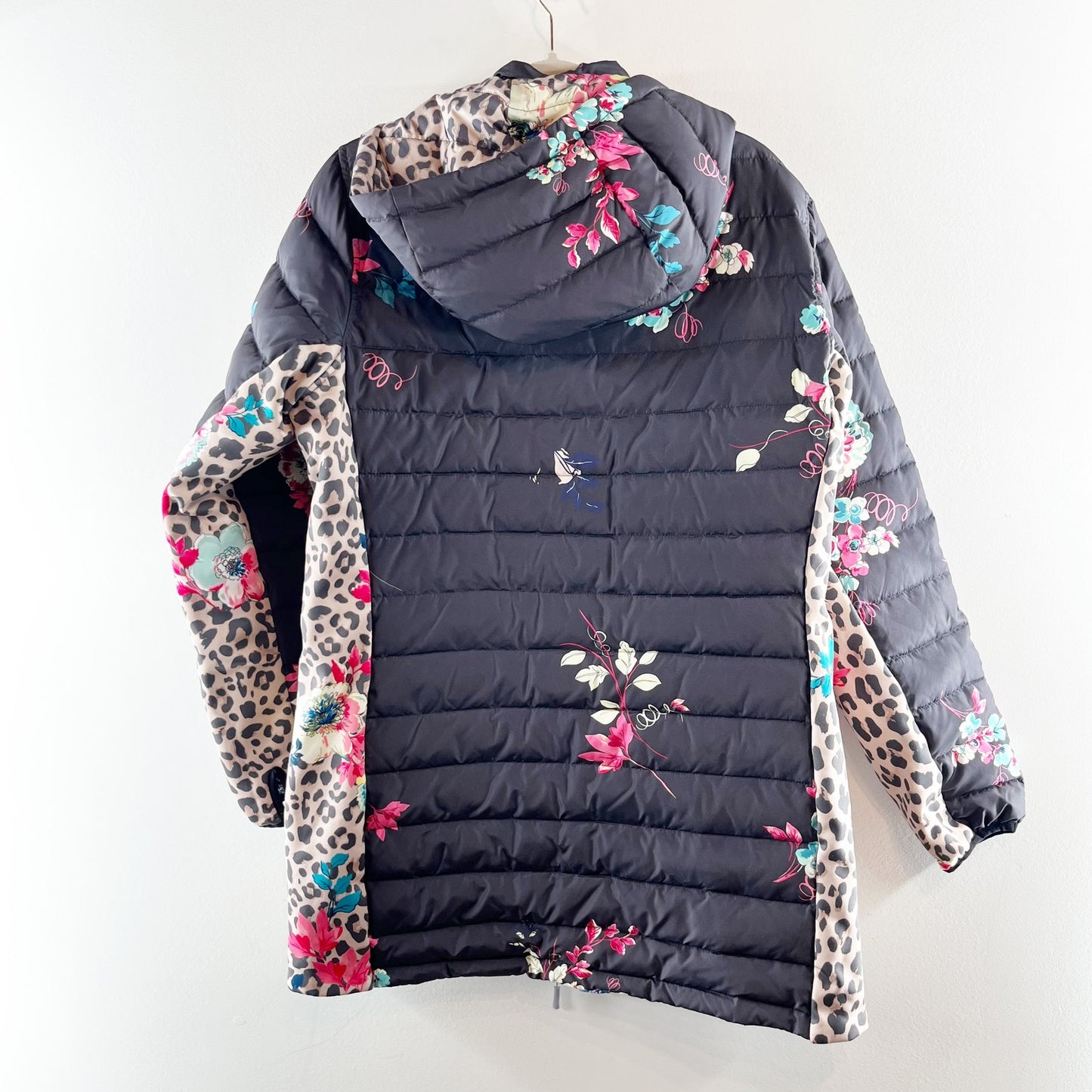 Johnny Was Lubello Reversible Full Zip Leopard Floral Puffer Jacket Black Large