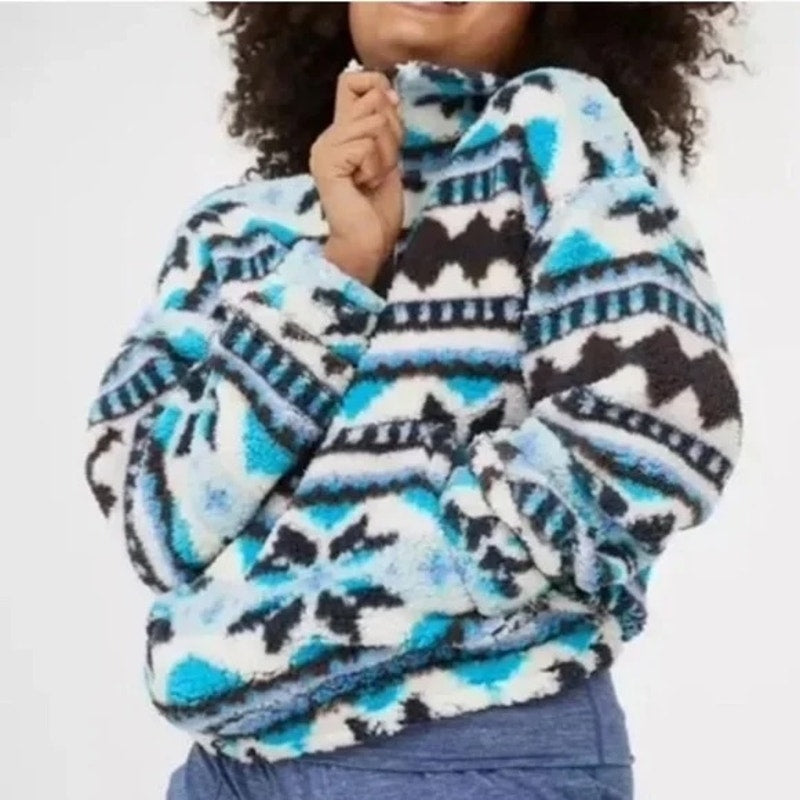 Aerie Hometown Holiday 1/4 Zip Fleece Fair Isle Jacket Blue XS