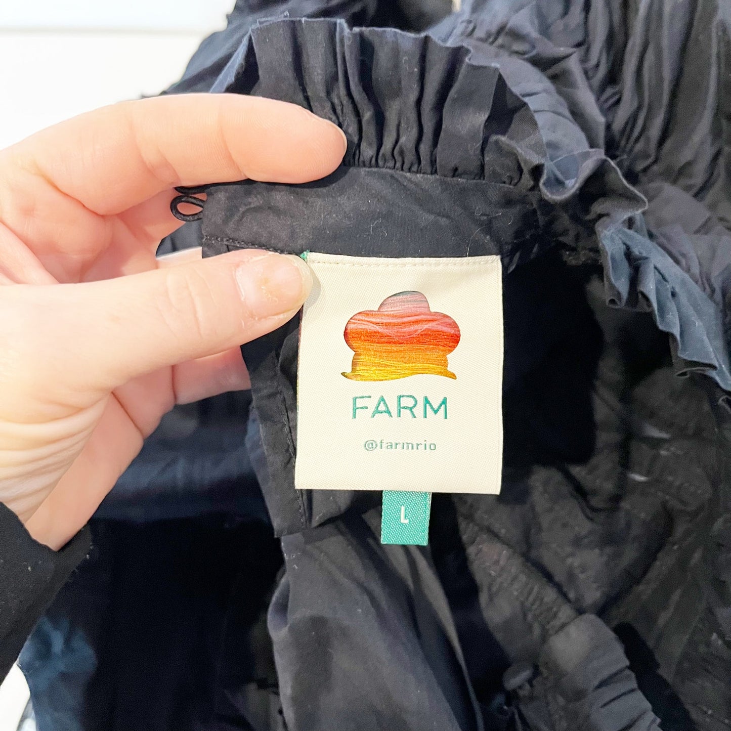 FARM Rio 3D Flower Long Sleeve High Neck Ruffle Blouse Black Large