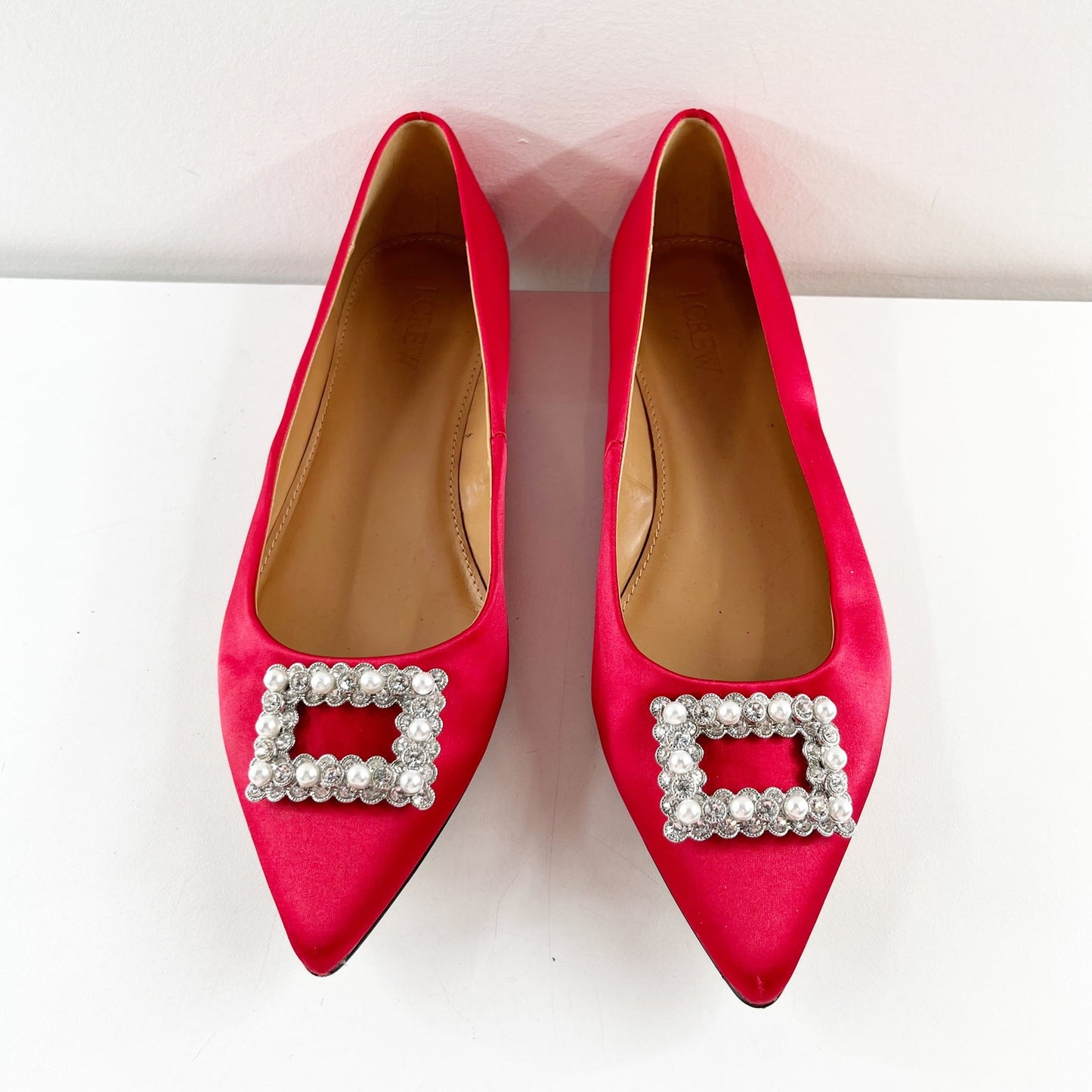 J. Crew Crystal Embellished Pointed Toe Satin Flats Shoes Ruby Red 8