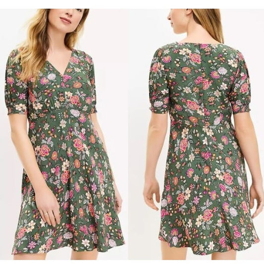 Loft Country Garden Flora Print Puff Sleeve V-Neck Mini Dress Green Multi 10